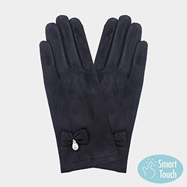 Bow Pearl Dangle Pointed Faux Suede Smart Touch Gloves