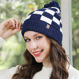 Checkered Beanie with Pom Pom 