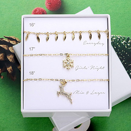 3PCS - Metal Christmas Light Charm Station Chain Stone Paved Snowflake Rudolph Pendant Necklaces