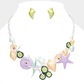 Colored Metal Shell Starfish Link Bib Necklace