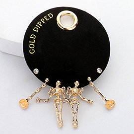 SECRET BOX_Gold Dipped Enamel Halloween Pumpkin Metal Skeleton Stone Stud 3 Pairs Earring Set