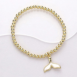 Stainless Steel Mother of Pearl Whale Tale Charm Pointed Stretch Bracelet