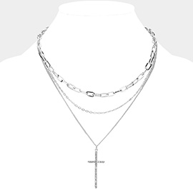 Stone Paved Cross Pendant Pointed Triple Metal Chain Layered Necklace