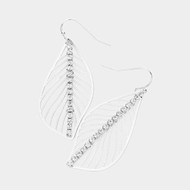 Rhinestone Paved Line Point Metal Cutout Leaf Dangle Earrings