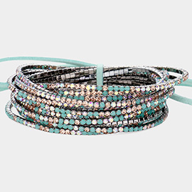 12PCS - Ribbon Colorful Rhinestone Layered Stretch Bracelets