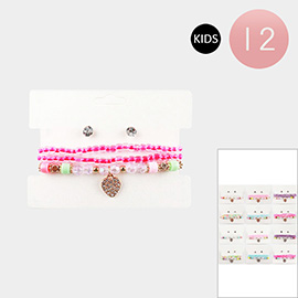 12PCS - Kids Stone Paved Heart Charm Pointed Faceted Beaded Multi Layered Stretch Bracelets with Earrings