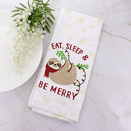 Eat Sleep and Be Merry Message Christmas Sloth Printed Kitchen Towel