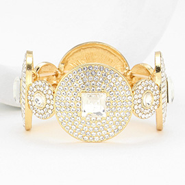 Square Stone Pointed Rhinestone Paved Disc Stretch Evening Bracelet