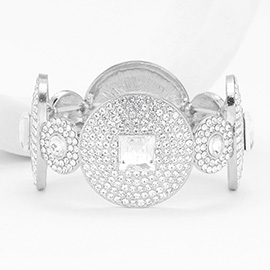 Square Stone Pointed Rhinestone Paved Disc Stretch Evening Bracelet