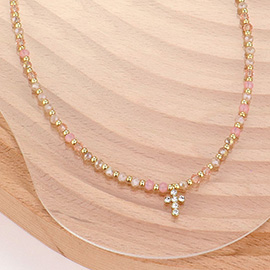 Stone Paved Cross Pendant Pointed Faceted Beaded Choker Necklace