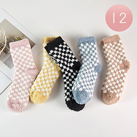 12Pairs - Checkered Pattern Fuzzy Socks