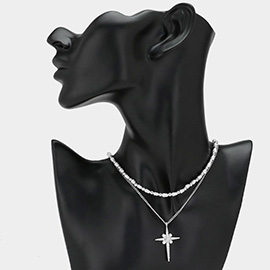 Stone Paved Cross Pendant Pointed Pearl Chain Layered Necklace