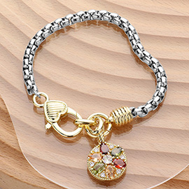 14K Gold Plated Marquise CZ Stone Embellished Round Charm Bracelet