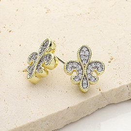 14K Gold Plated Two Tone CZ Stone Paved Fleur de Lis Stud Earrings