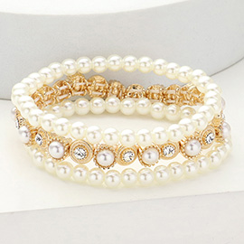 3PCS - Pearl Stone Embellished Stackable Stretch Bracelet