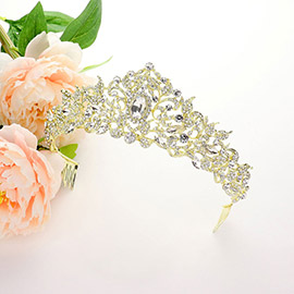 Oval Round Stone Pointed Rhinestone Paved Queen Tiara