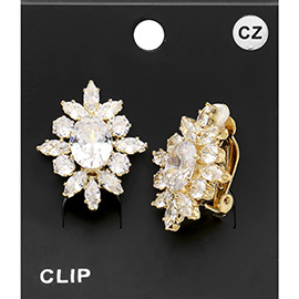 CZ Oval Stone Pointed Marquise Round Stone Trimmed Clip On Earrings