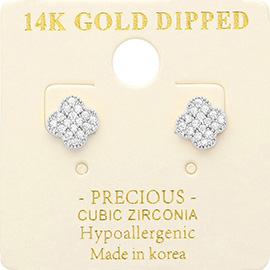 14K Gold Dipped CZ Stone Paved Quatrefoil Stud Earrings