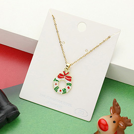 Stainless Steel Enamel Christmas Wreath Pendant Necklace