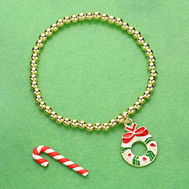 Stainless Steel Enamel Christmas Wreath Charm Pointed Stretch Bracelet