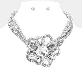 Round Stone Pointed Bling Studded Flower Pendant Necklace