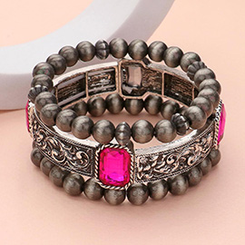 3PCS - Rectangle Glass Stone Pointed Western Metal Wood Ball Beaded Multi Layered Bracelets 