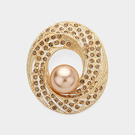 Pearl Pointed Stone Paved Open Swirl Pin Brooch