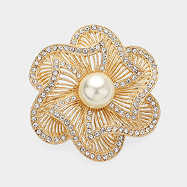 Pearl Pointed Stone Paved Flower Pin Brooch