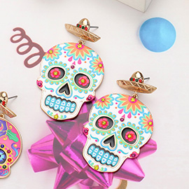 Stone Pointed Enamel Sugar Skull Dangle Earrings