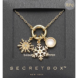 SECRET BOX_14K Gold Dipped Stone Paved Double Snowflake Pearl Pendant Necklace