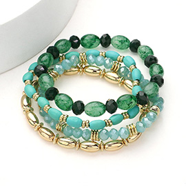 4PCS - Oval Wood Metal Faceted Beaded Stretch Multi Layered Bracelets