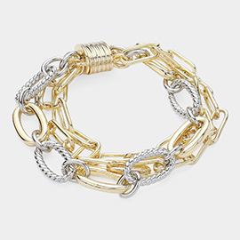 14K Gold Plated Two tone Paperclip Chain Layered Magnetic Bracelet