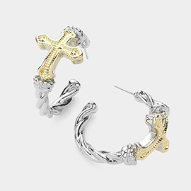 14K Gold Plated Two Tone Cross Pointed Hoop Earrings