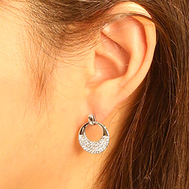 14K White Gold Dipped Half CZ Stone Paved Donut Dangle Earrings