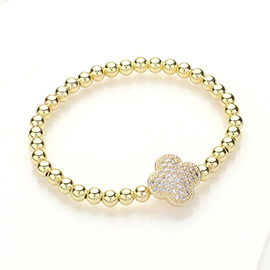 CZ Stone Paved Quatrefoil Charm Pointed Metal Ball Beaded Stretch Bracelet