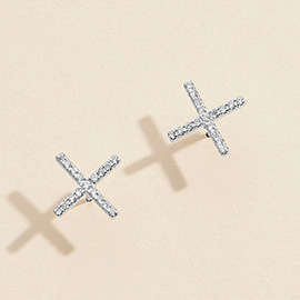 Semi Fine Collection - 18K White Gold Dipped Stone Paved Cross Stud Earrings