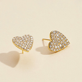 Semi Fine Collection - 18K Gold Dipped CZ Stone Paved Heart Stud Earrings