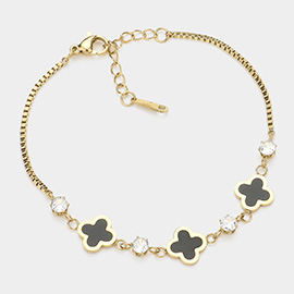 Stainless Steel Quatrefoil Stone Bezel Station Bracelet