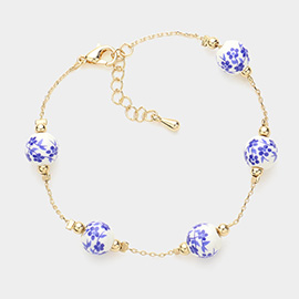 Blue Flower Printed Ceramic Ball Station Bracelet