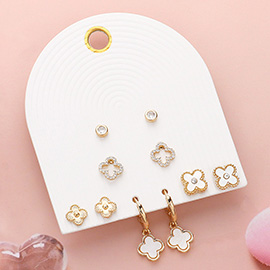 5Pairs - Stone Stone Paved Moher of Pearl Quatrefoil Earrings