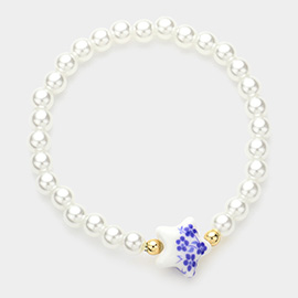 Blue Flower Printed Star Ceramic Pearl Beaded Stretch Bracelet