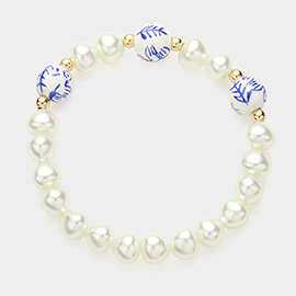 Blue Flower Printed Ceramic Ball Pointed Pearl Beaded Stretch Bracelet