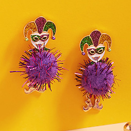 Glittered Enamel Mardi Gras Jester Pom Pointed Earrings