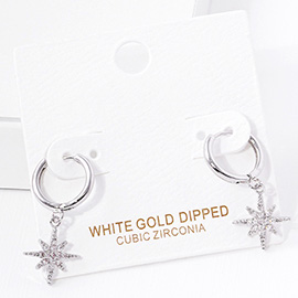 White Gold Dipped CZ Stone Paved Northern Star Dangle Huggie Hoop Earrings