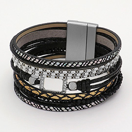 Stone Paved Open Rectangle Pointed Faceted Beaded Faux Leather Strap Strand Magnetic Bracelet