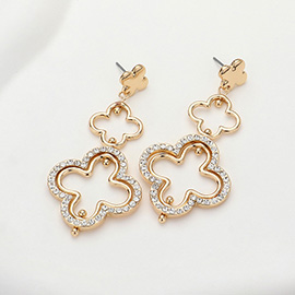 Stone Paved Quatrefoil Link Dropdown Dangle Earrings