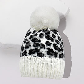 Leopard Pattern Pom Pom Beanie Hat