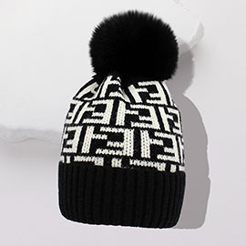 Greek Geometric Patterned Pom Pom Beanie Hat