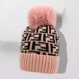 Greek Geometric Patterned Pom Pom Beanie Hat