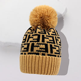 Greek Geometric Patterned Pom Pom Beanie Hat